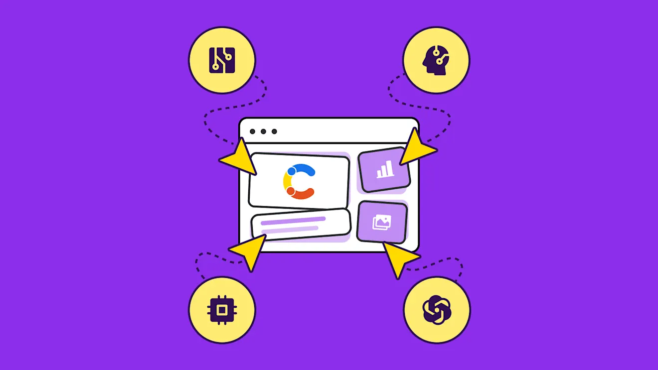 Dashboard interface with four yellow circular icons connected by arrows showing technology, AI, processor, and analytics symbols on purple background.