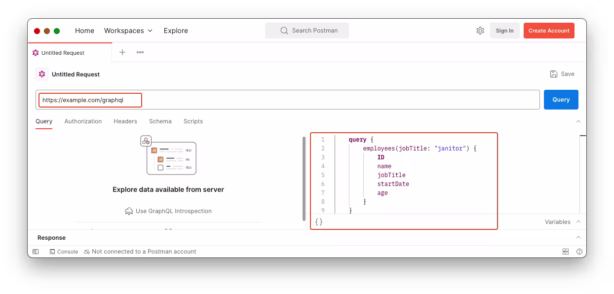 Enter your GraphQL query into the Query box