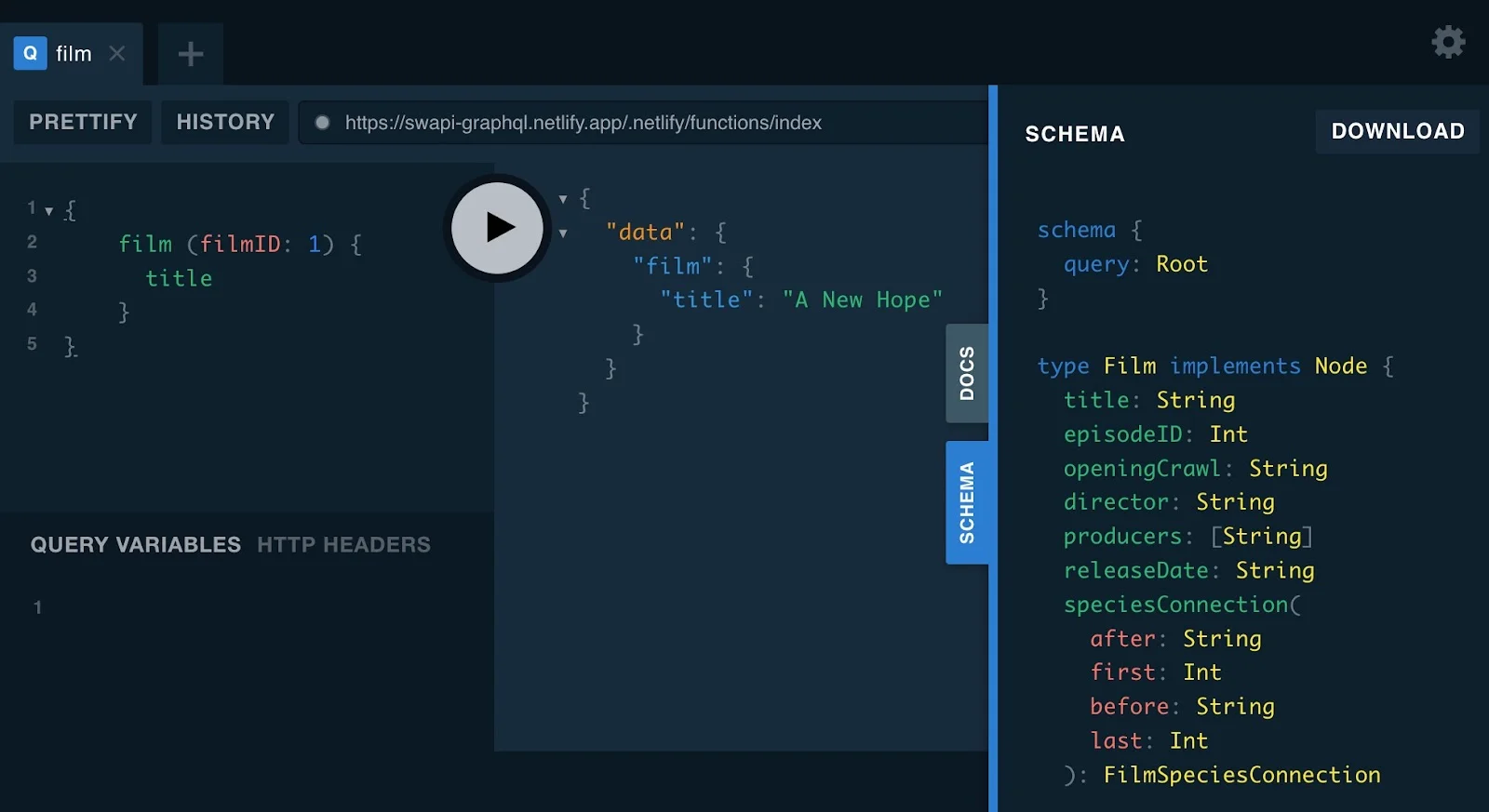 Screenshot of the GraphQL Playground interface
