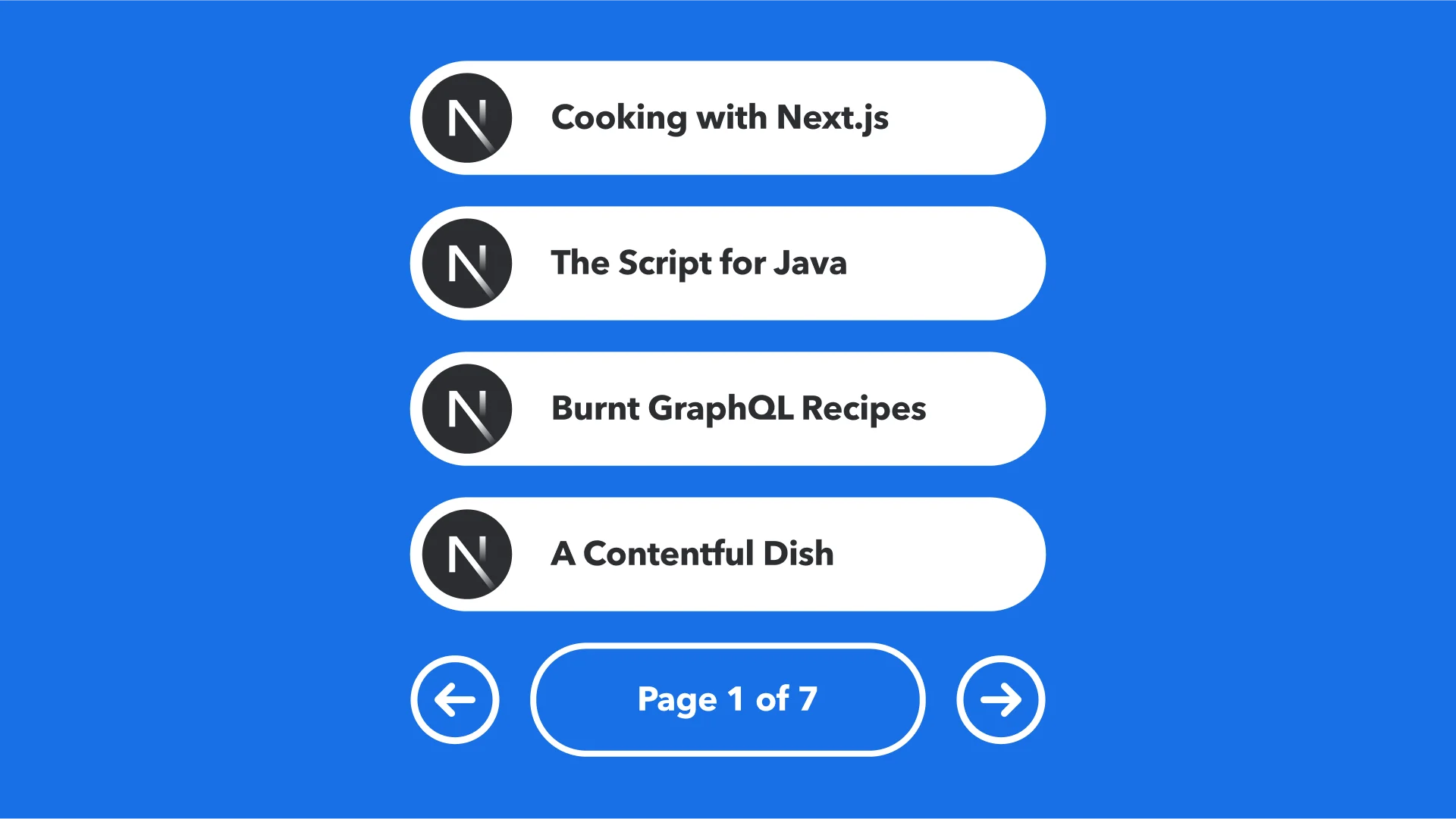 Menu page showing four programming-related topics with Next.js logo icons, including navigation arrows and page counter showing 1 of 7