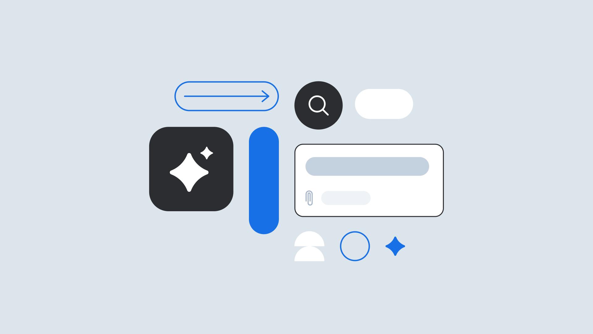 Minimalist interface design elements including icons, search button, and navigation arrows on a light gray background