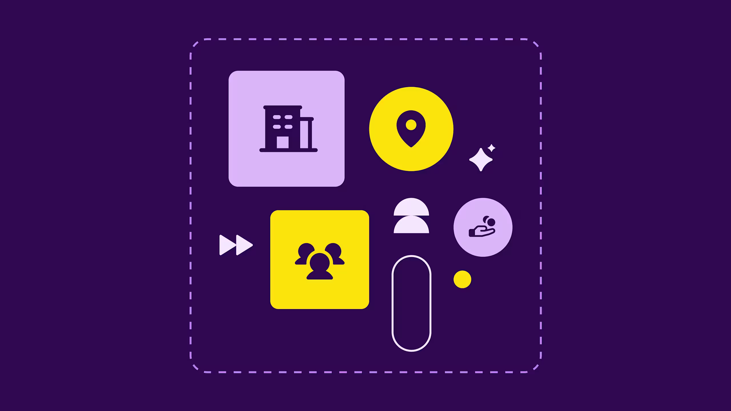 Stylized illustration showing icons for location pin, document, and user profile against a deep purple background with white dotted border