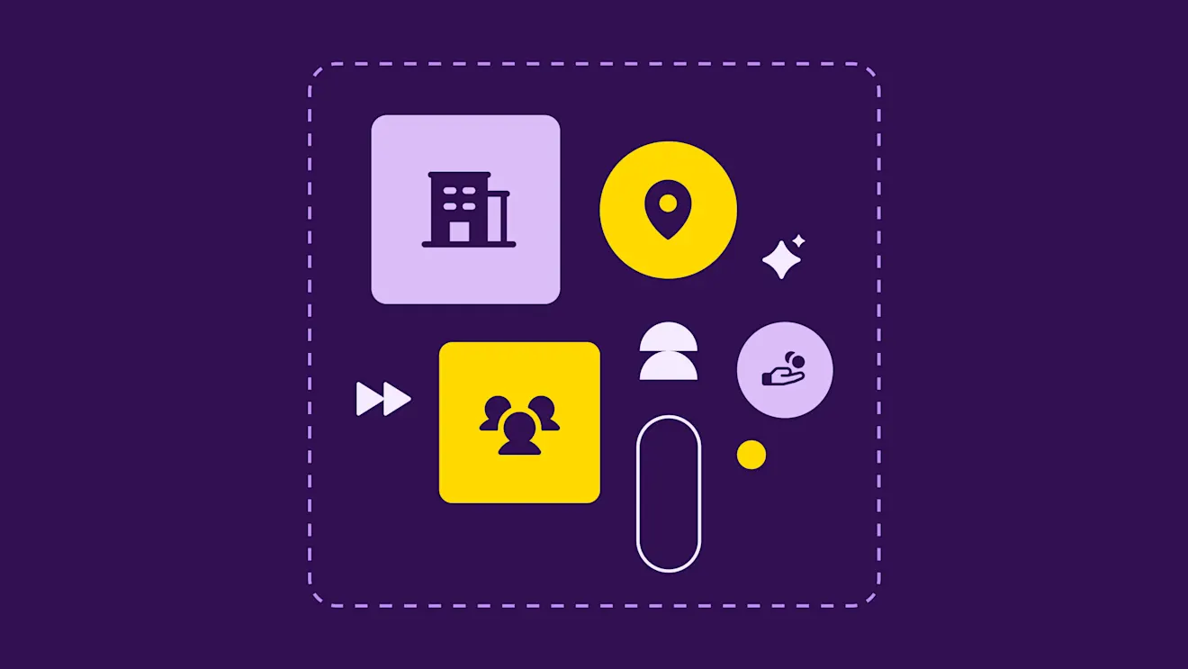 Stylized illustration showing icons for location pin, document, and user profile against a deep purple background with white dotted border