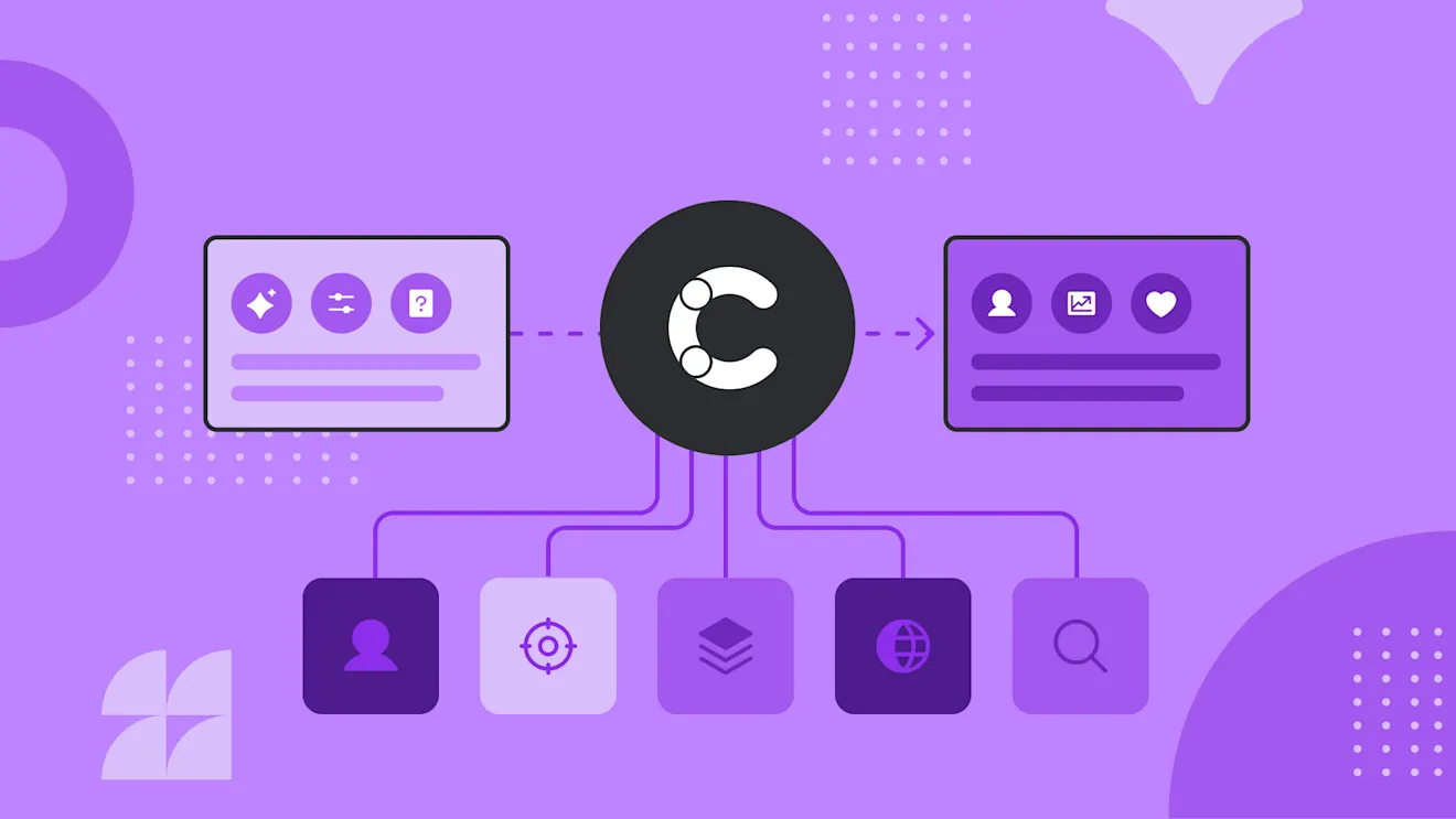 Purple graphic showing a "C" logo connected to UI cards and icons representing user, targeting, layers, globe, and search features.