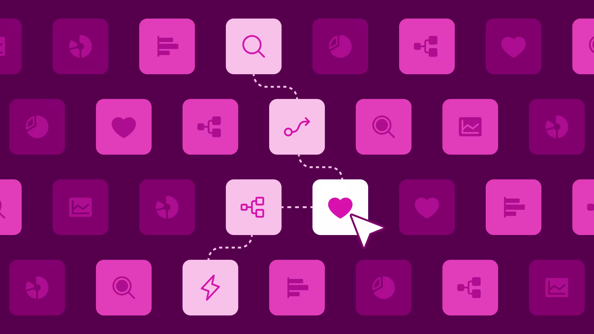A purple grid of pink app icons connected by dashed lines, leading to a highlighted white tile with a pink heart and cursor.