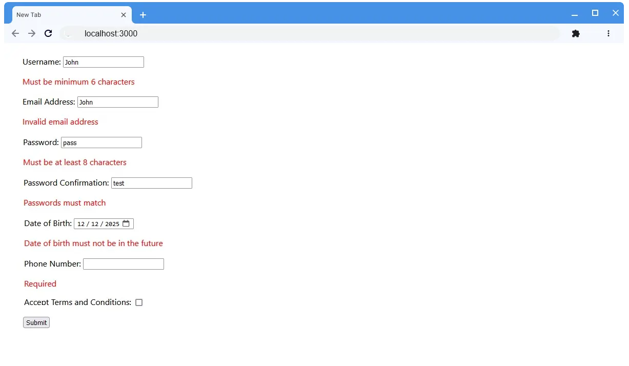 Yup schema validation example