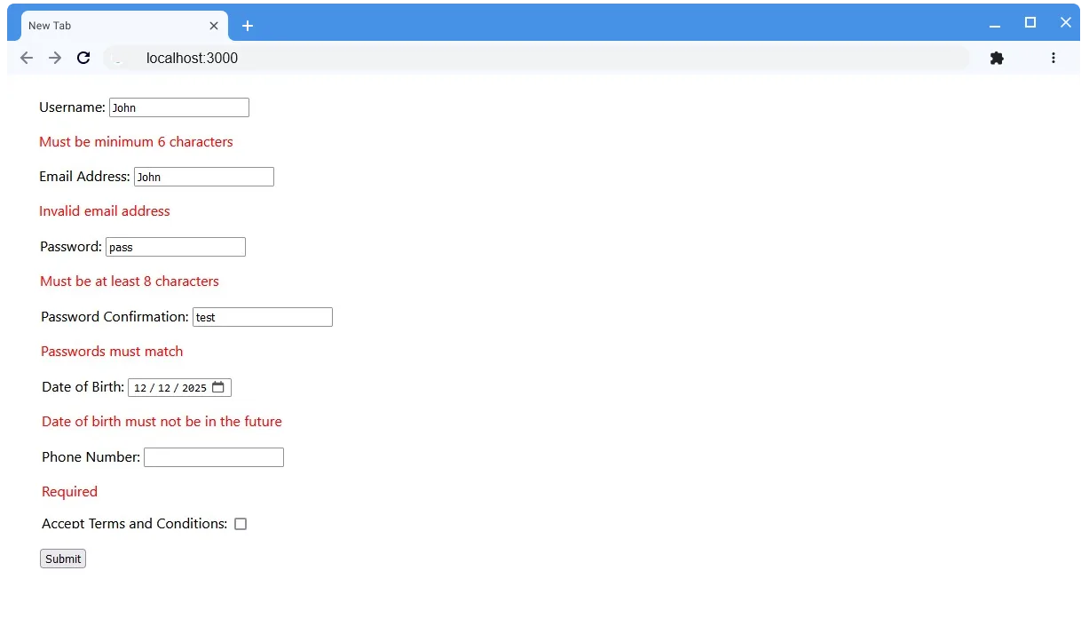 Yup schema validation example