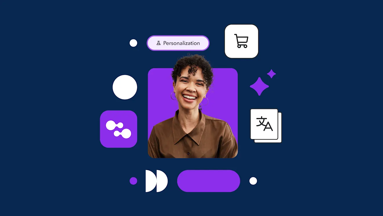 Person wearing brown shirt smiling against purple background with white icons for personalization and shopping features
