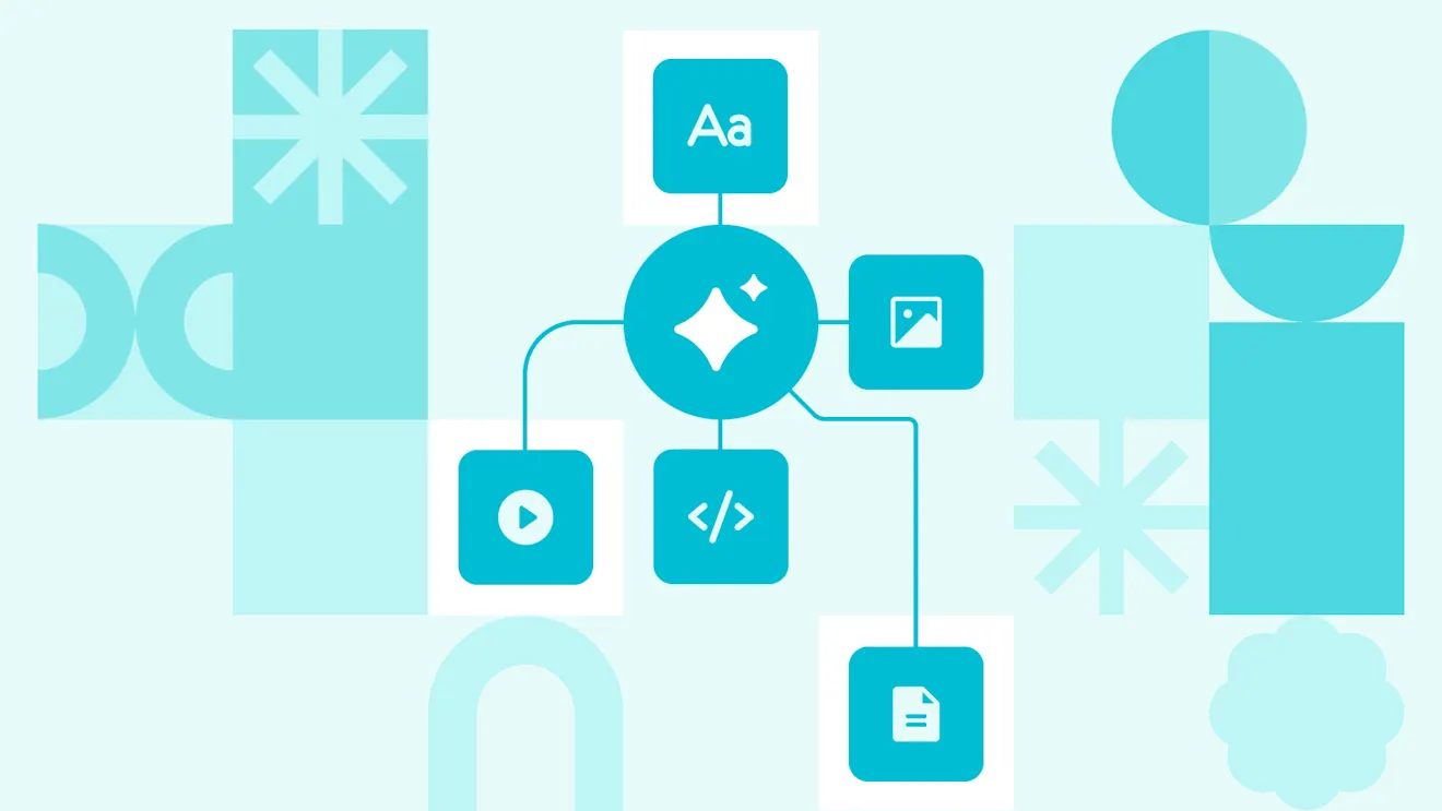 Teal flowchart with a central sparkle icon connected to nodes representing text, image, video, code, and document on a light blue background.