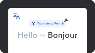 Translation interface showing "Hello" being translated to "Bonjour" in French, with a blue translate button above
