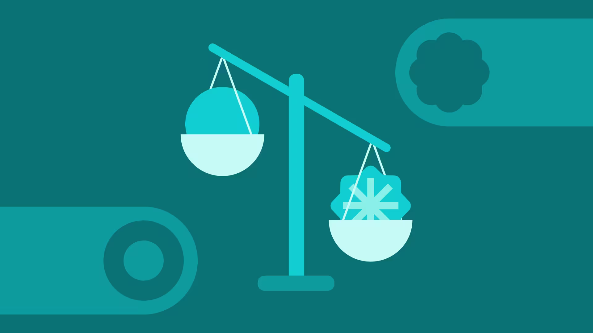 A teal illustration of a balance scale with a circle on the left and a snowflake badge on the right, tilting toward the badge.