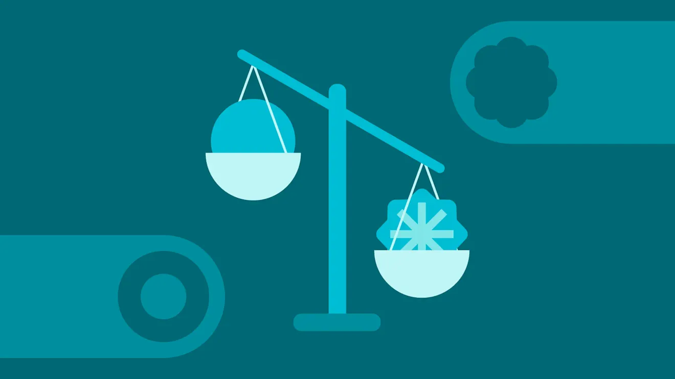 A teal illustration of a balance scale with a circle on the left and a snowflake badge on the right, tilting toward the badge.