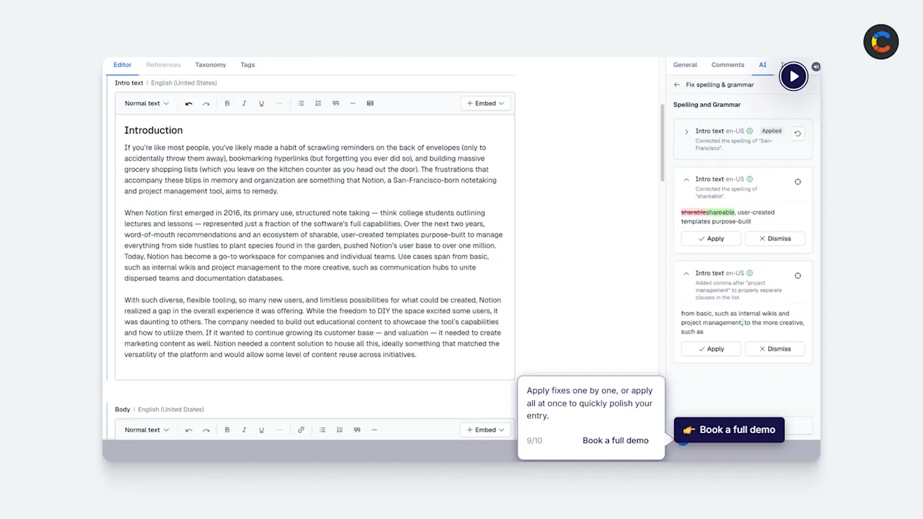 A content editor with AI-assisted steps flagged on the right