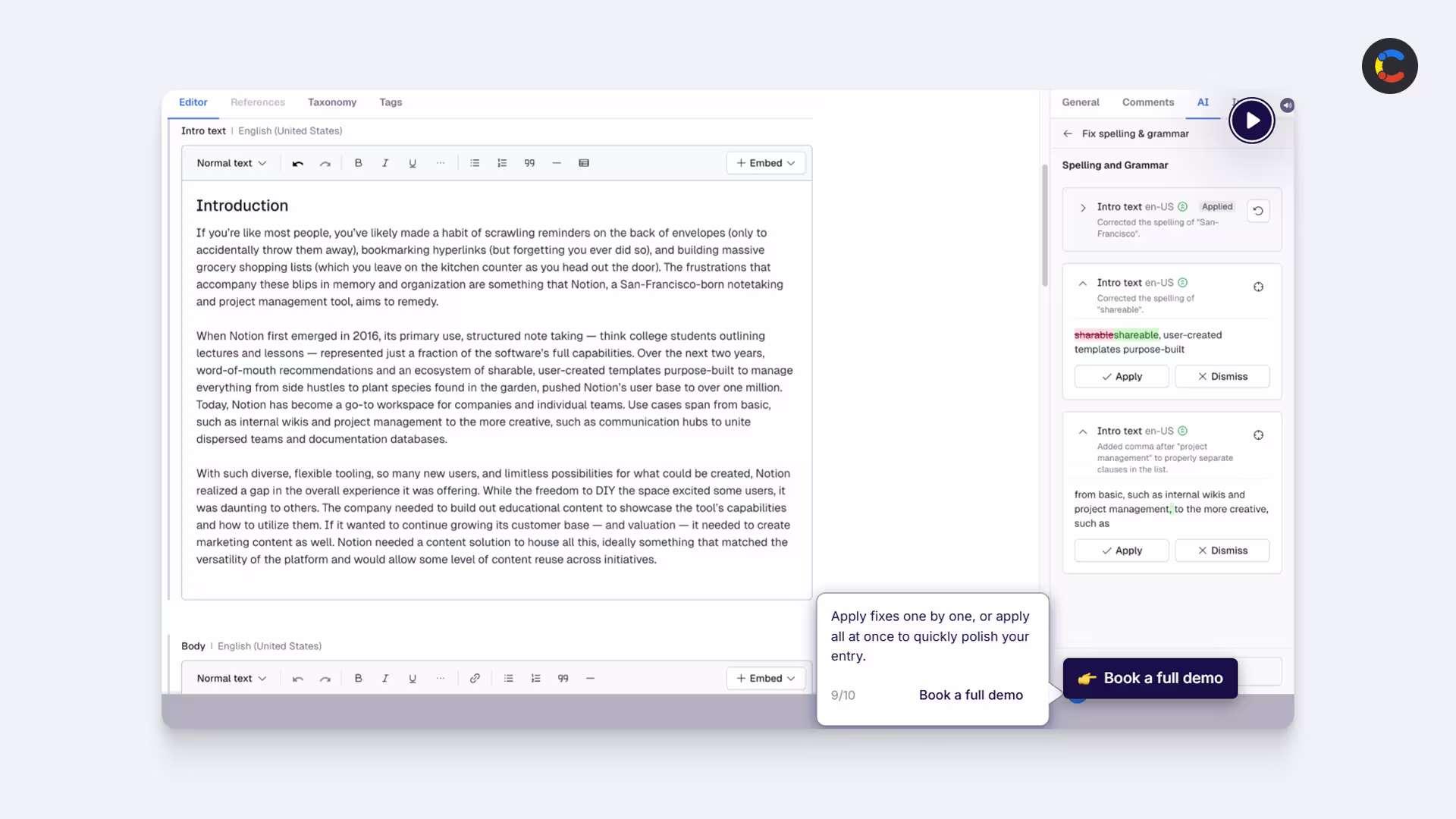 A content editor with AI-assisted steps flagged on the right