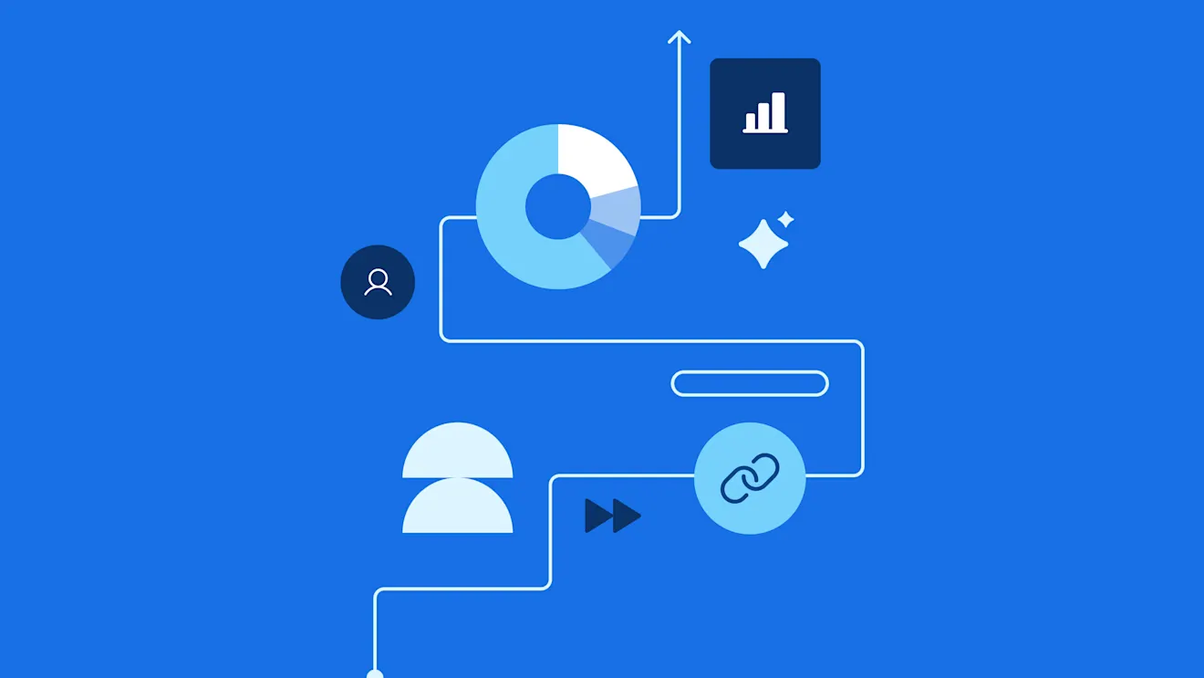 Minimalist blue illustration showing analytics icons, user symbols, and circular progress indicators connected by vertical timeline.