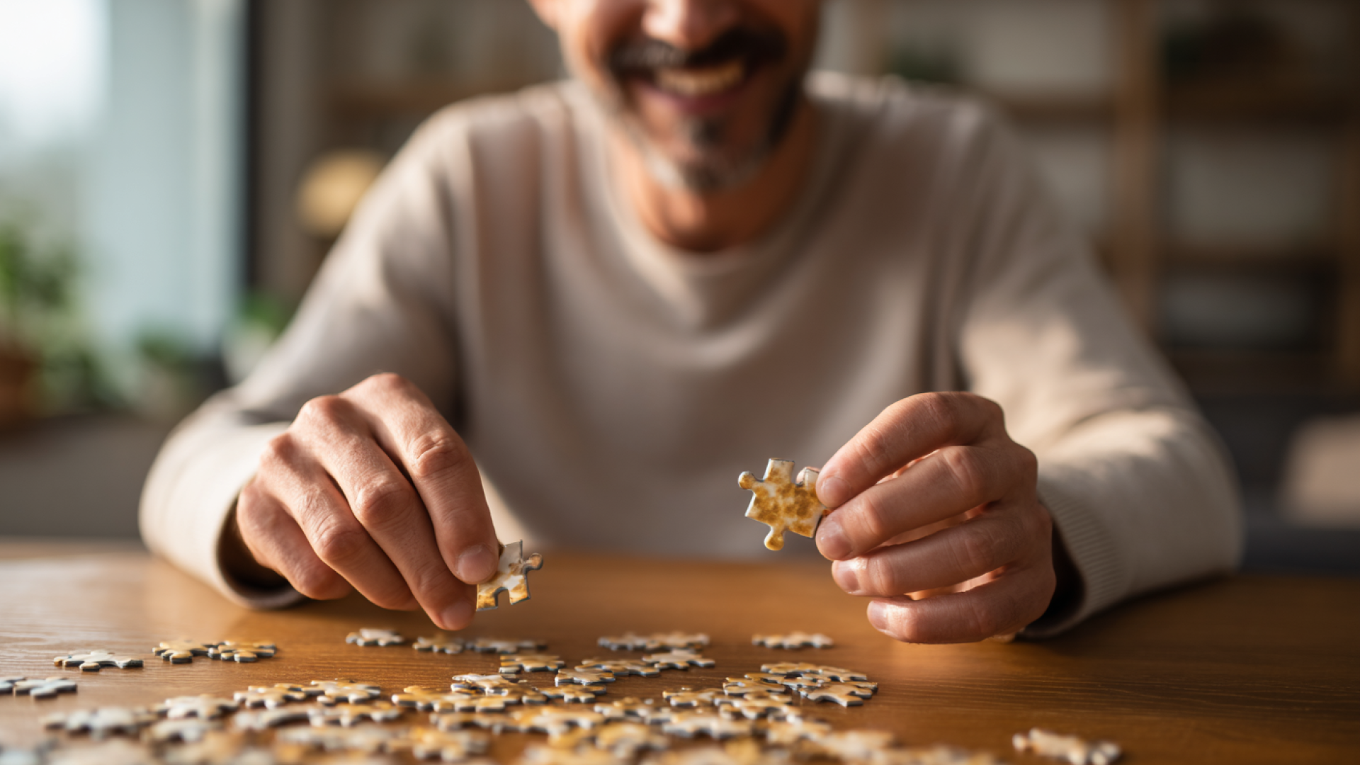 Person in beige sweater working on a jigsaw puzzle at wooden table, holding two pieces while smiling