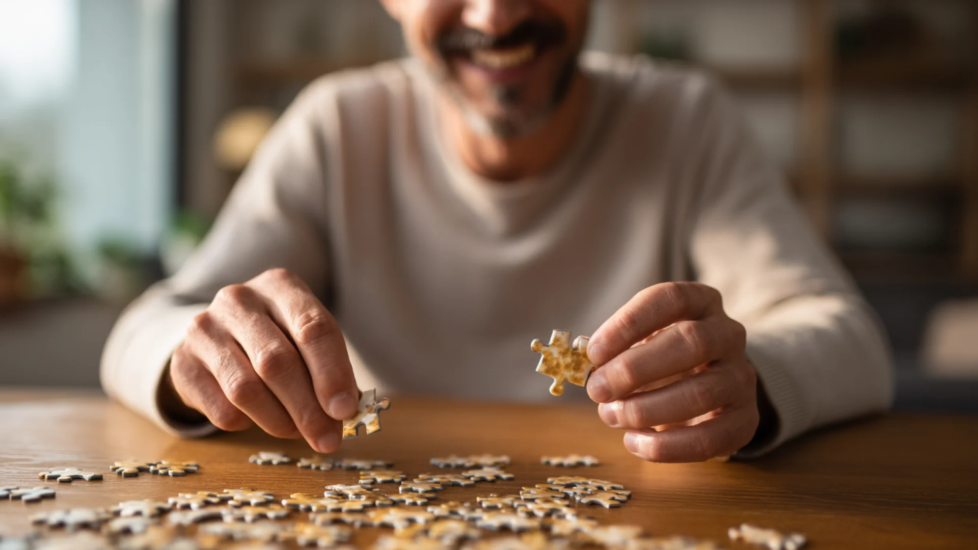Person in beige sweater working on a jigsaw puzzle at wooden table, holding two pieces while smiling