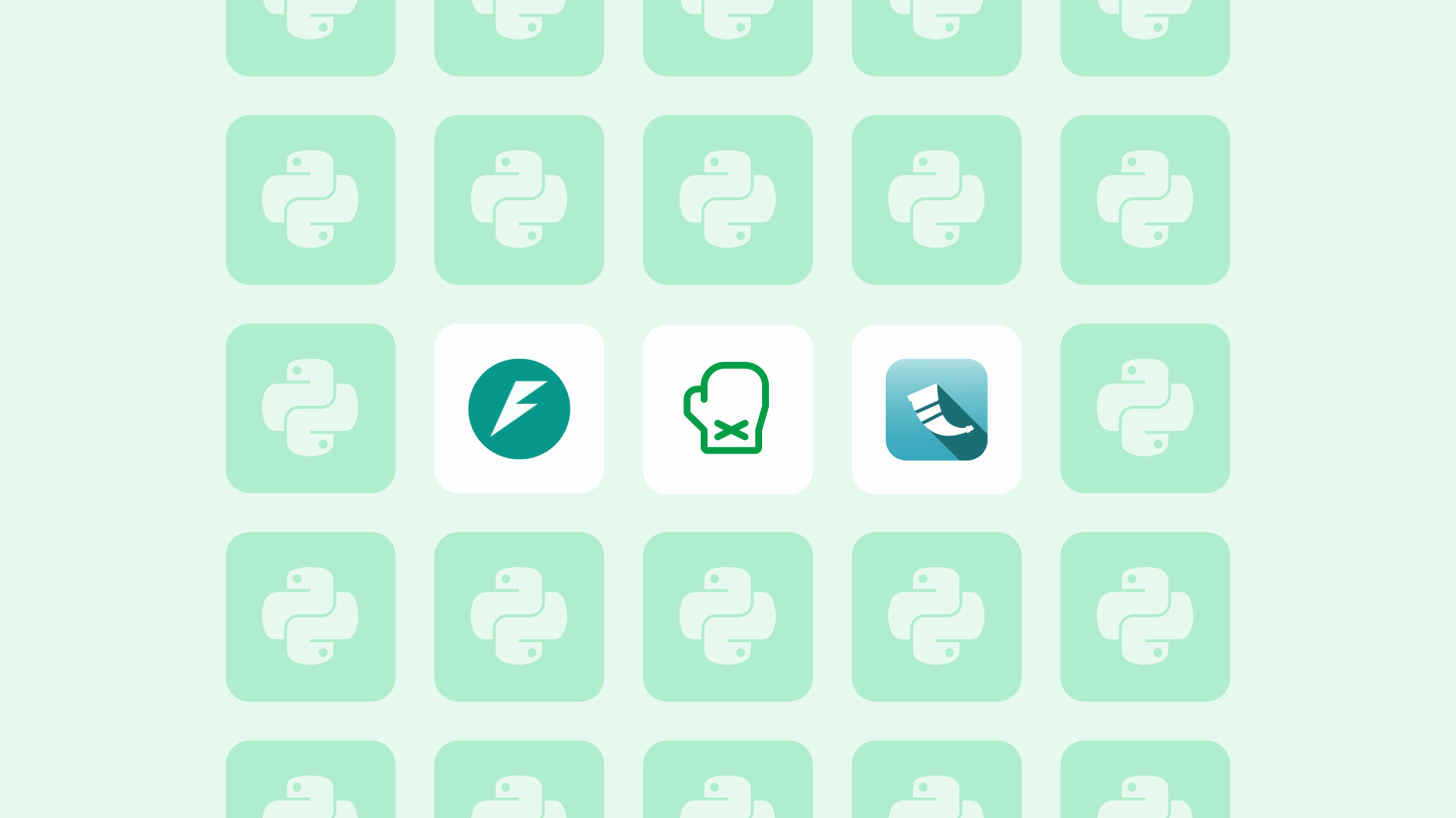 Grid of mint green Python programming language logos with three different colored icons breaking the pattern in the middle row
