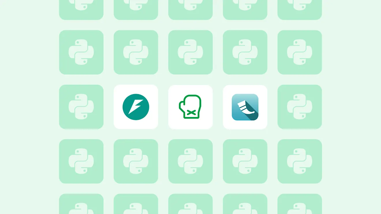Grid of mint green Python programming language logos with three different colored icons breaking the pattern in the middle row