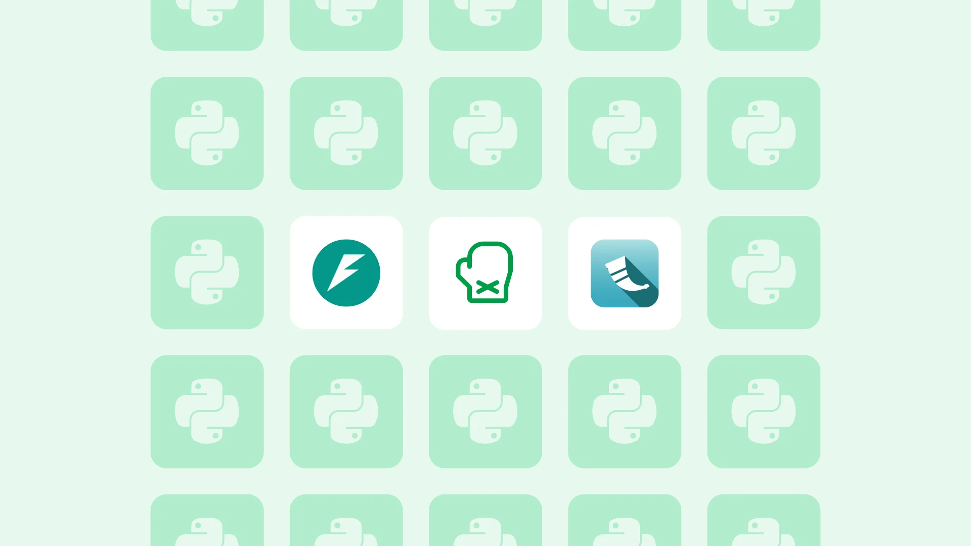 Grid of mint green Python programming language logos with three different colored icons breaking the pattern in the middle row