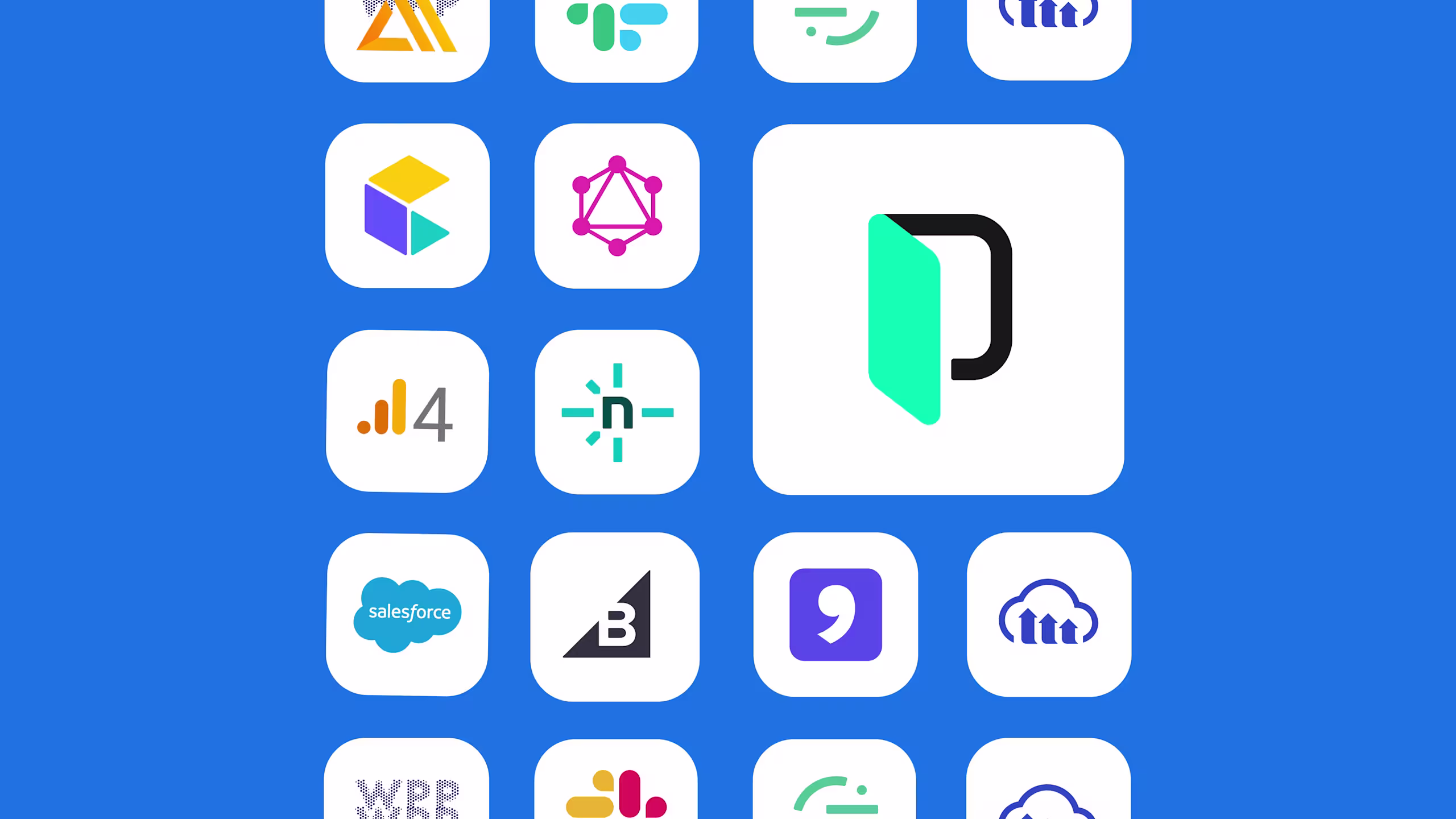 Grid of integration app logos on a blue background, with the Phrase logo enlarged at the center.
