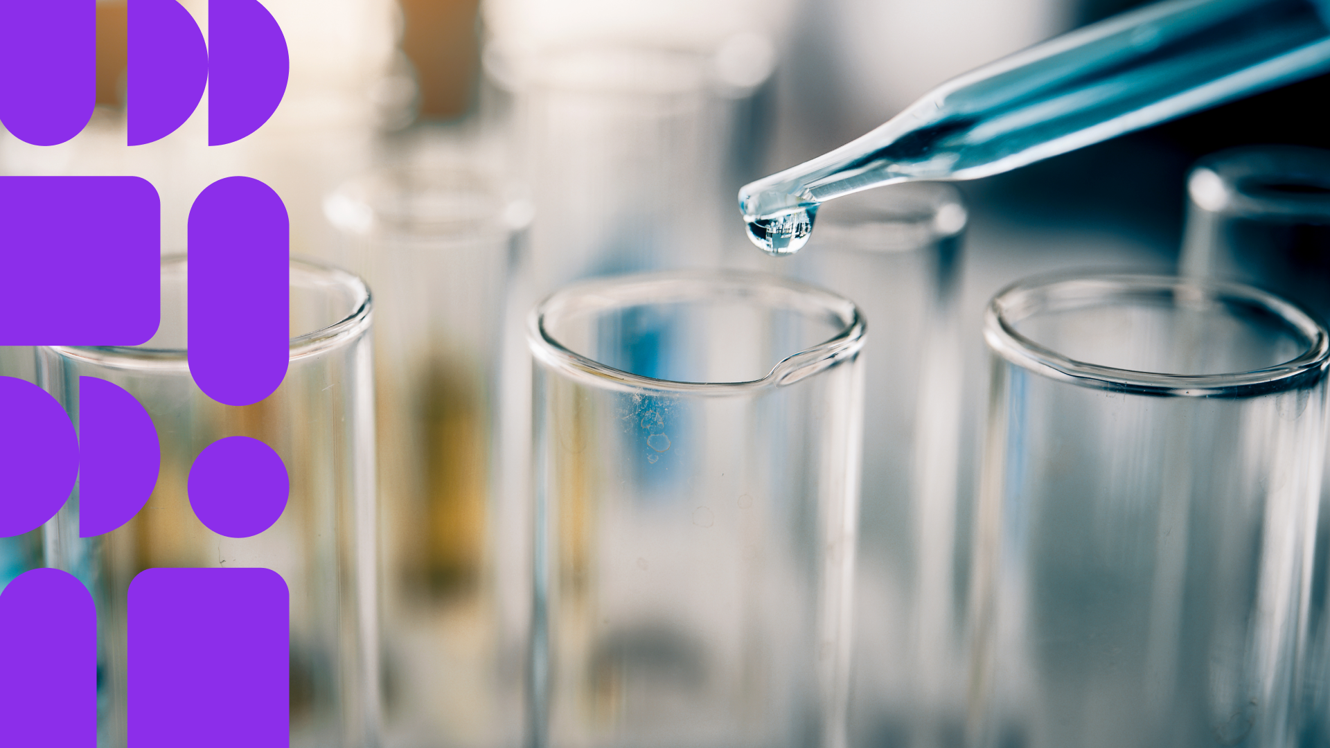 Liquid droplet falling from pipette into glass test tube in laboratory, with purple geometric shapes overlaid on left side