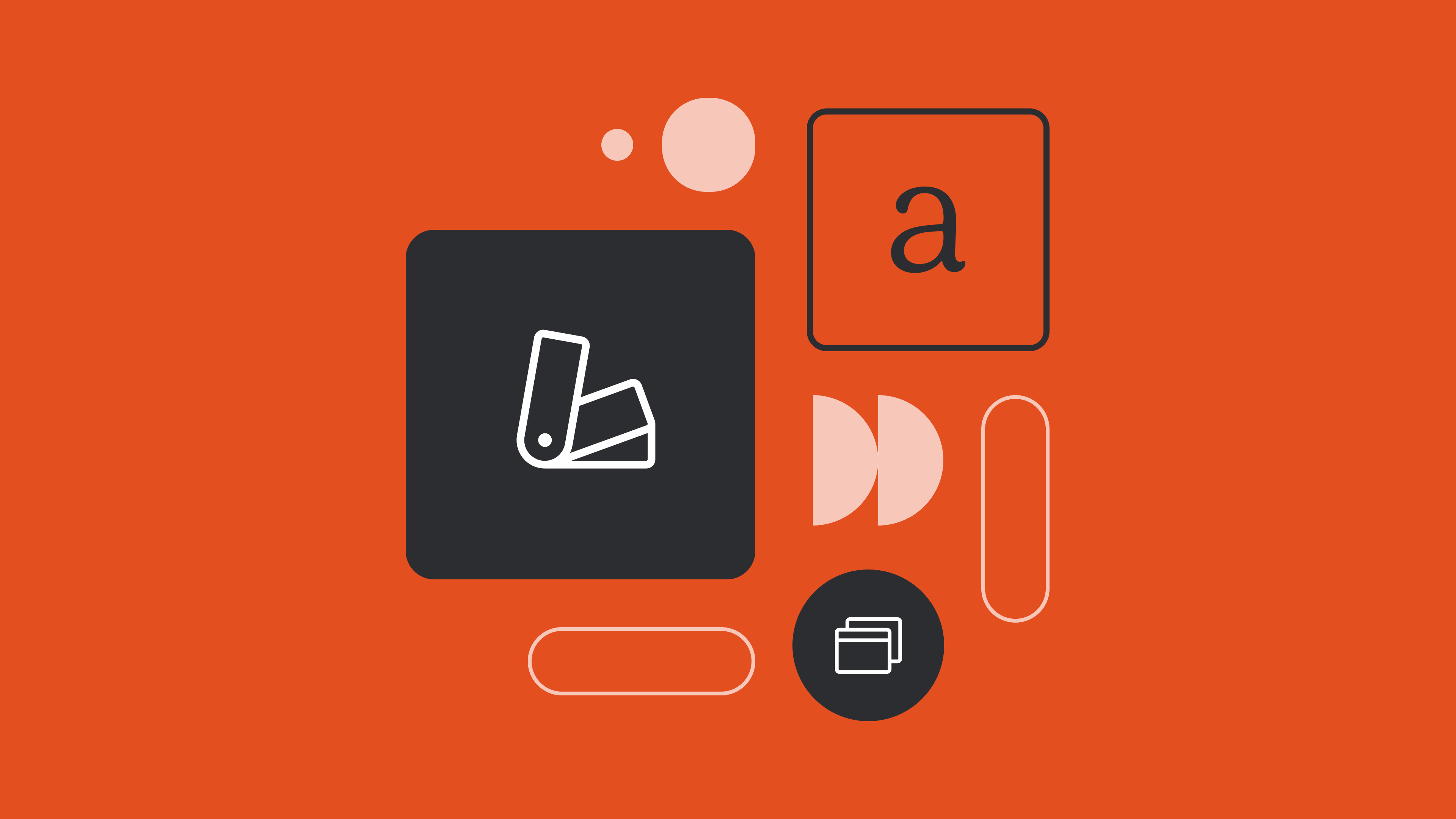 Minimalist design elements on orange background featuring folder icons, geometric shapes, and a lowercase 'a' in dark gray squares