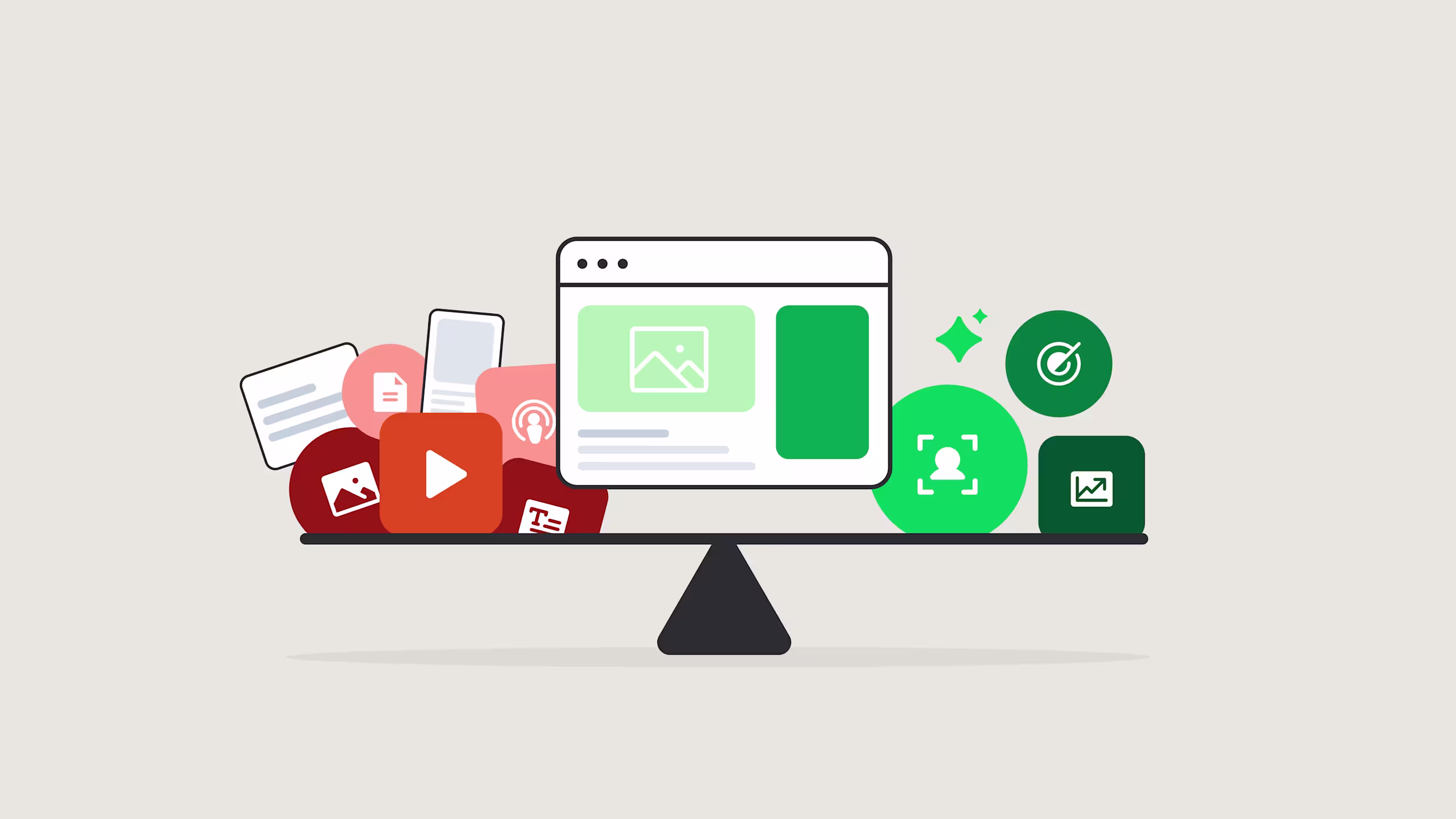 A balanced scale holds a website mockup, with red media icons on the left and green analytics icons on the right.