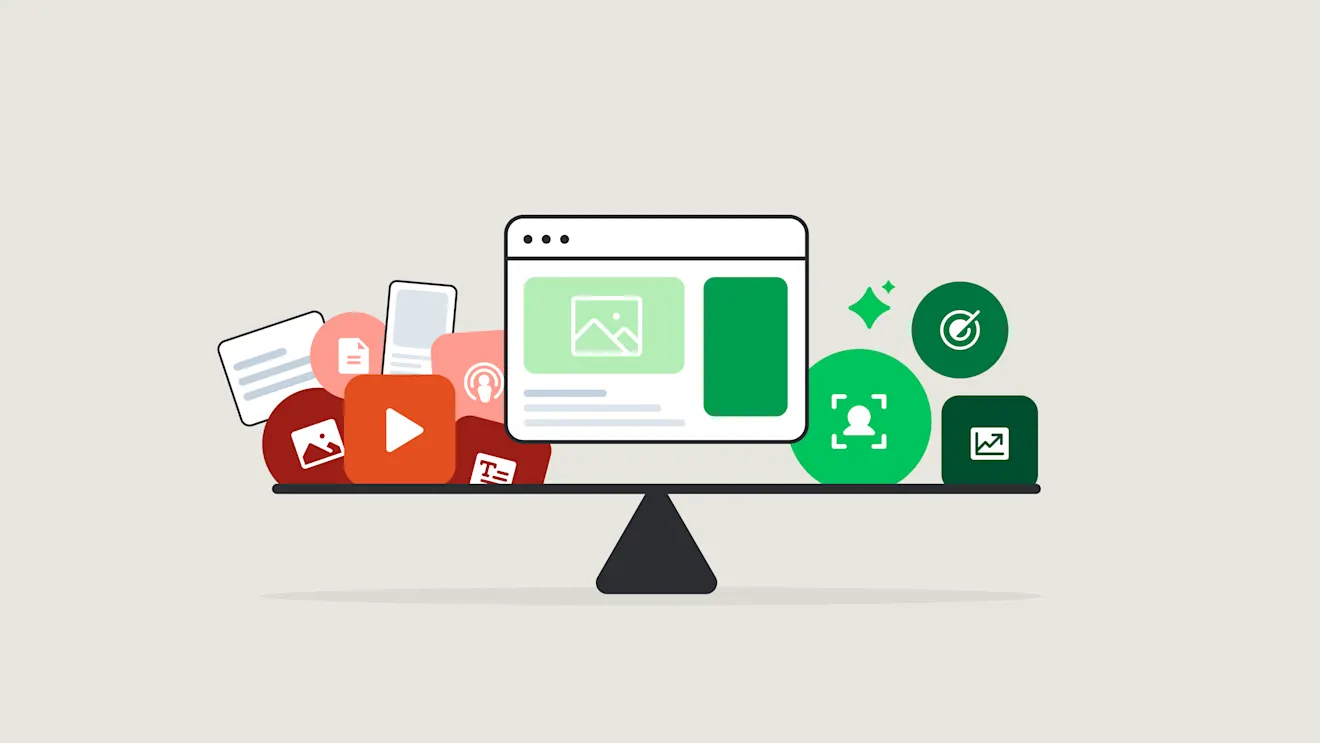 A balanced scale holds a website mockup, with red media icons on the left and green analytics icons on the right.