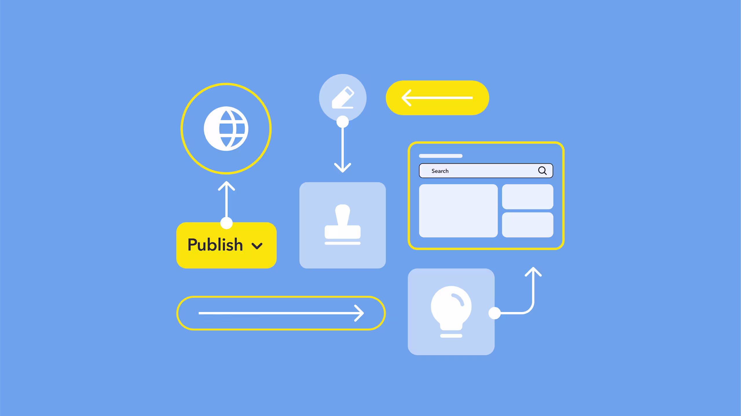 Illustration of content publishing workflow with icons for globe, search, lightbulb, and approval stamp on blue background