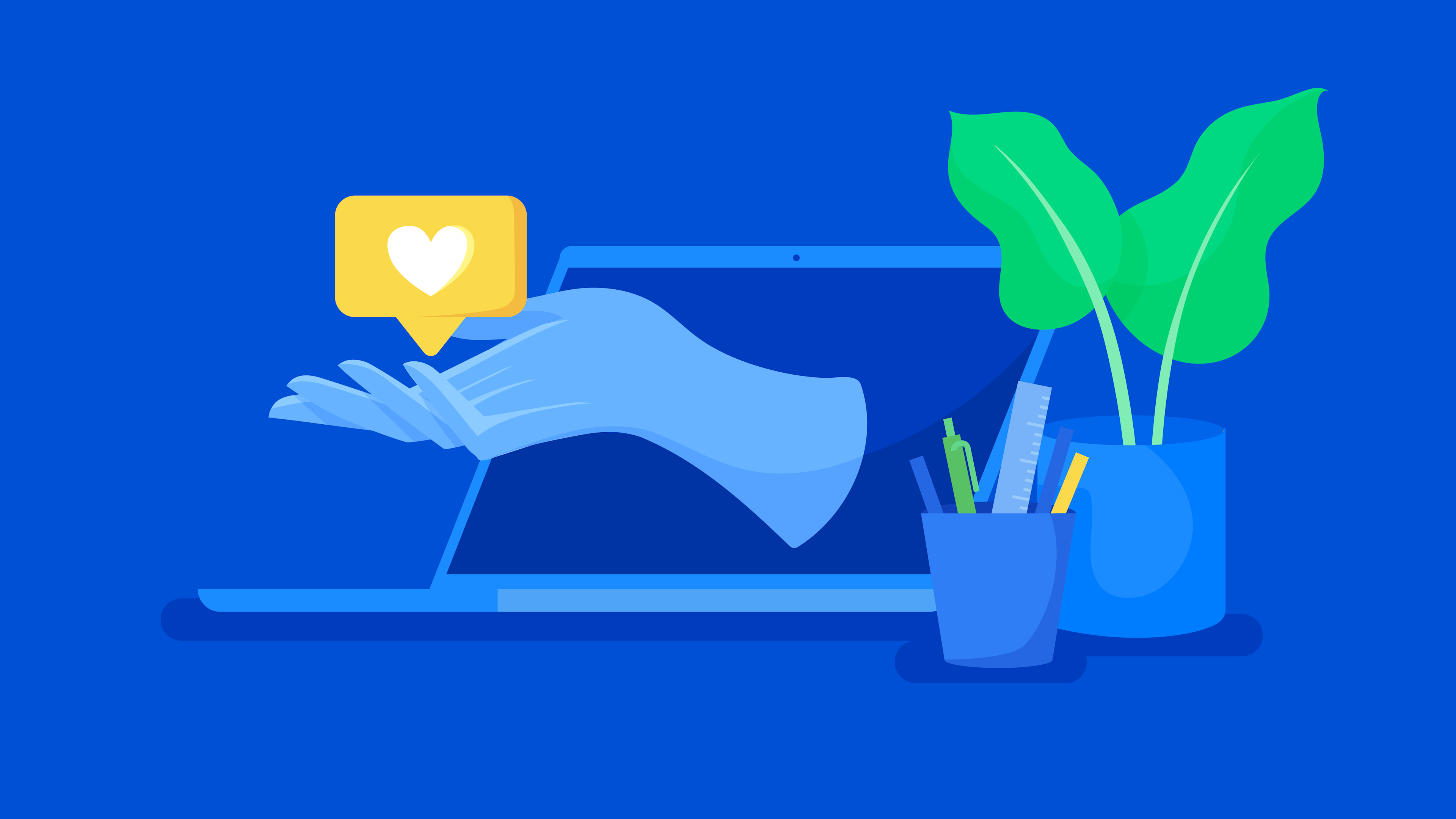 An illustration of a helping hand coming from a laptop screen
