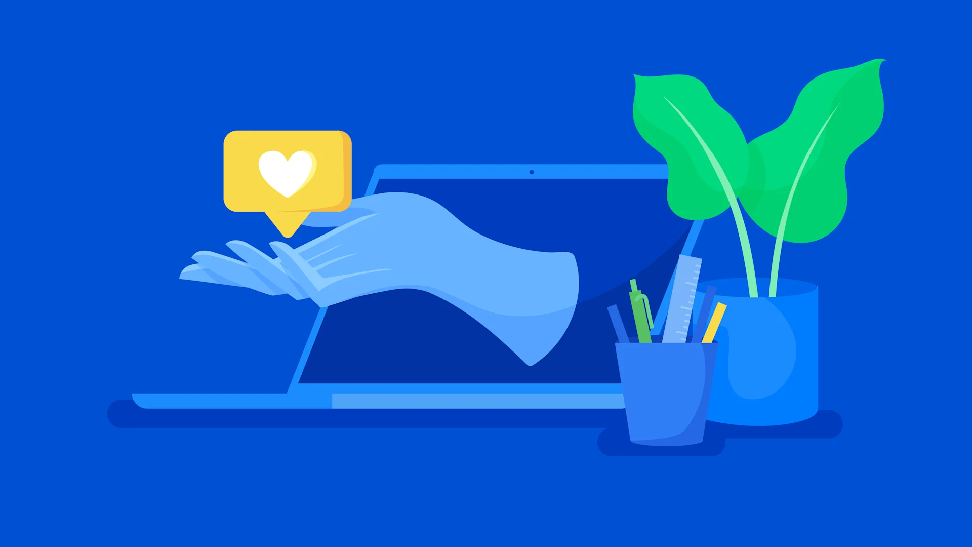 An illustration of a helping hand coming from a laptop screen