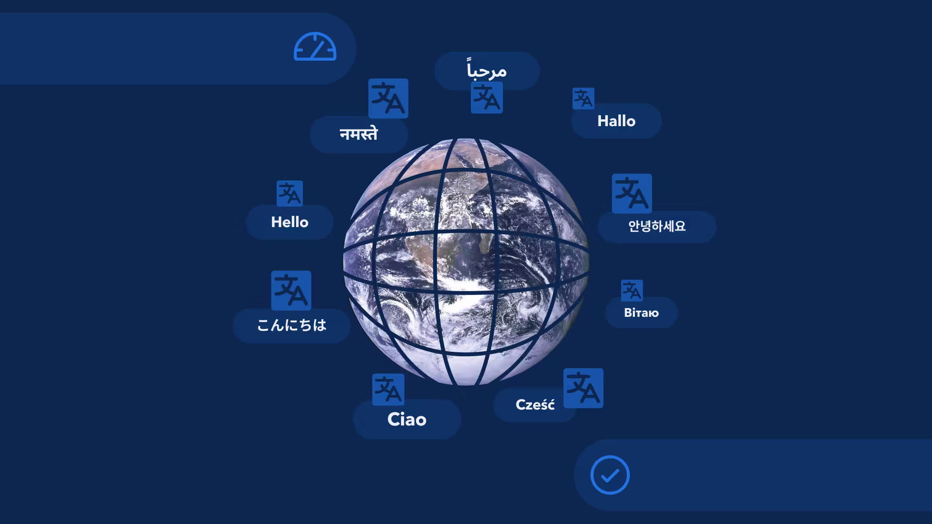 Earth globe with translation icons and "Hello" in multiple languages floating around it on a deep blue background