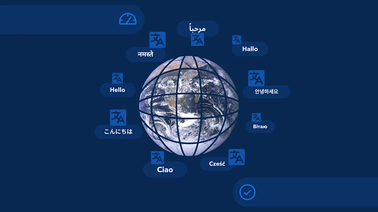 Earth globe with translation icons and "Hello" in multiple languages floating around it on a deep blue background