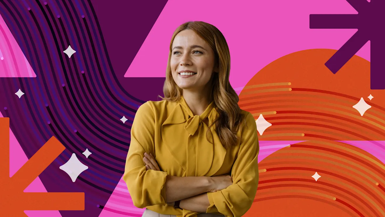 Smiling woman in yellow blouse with arms crossed against vibrant purple, pink, and orange geometric background with stars.