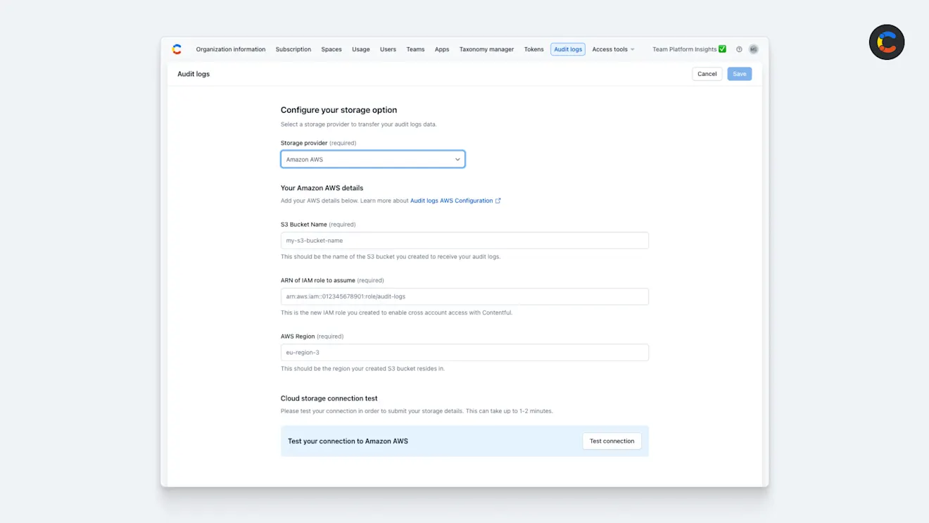 Screenshot of Contentful’s audit log screen