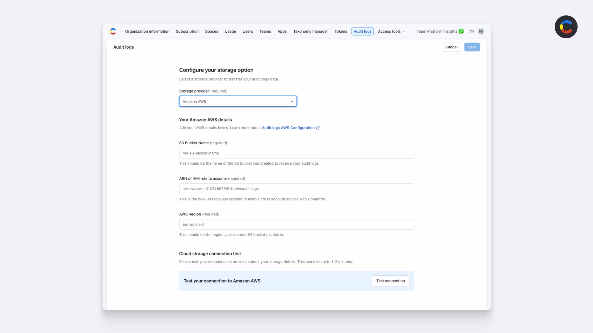 Screenshot of Contentful’s audit log screen