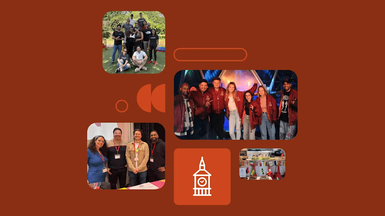 A collage of group photos showing people at various company events, including outdoor team activities and indoor celebrations