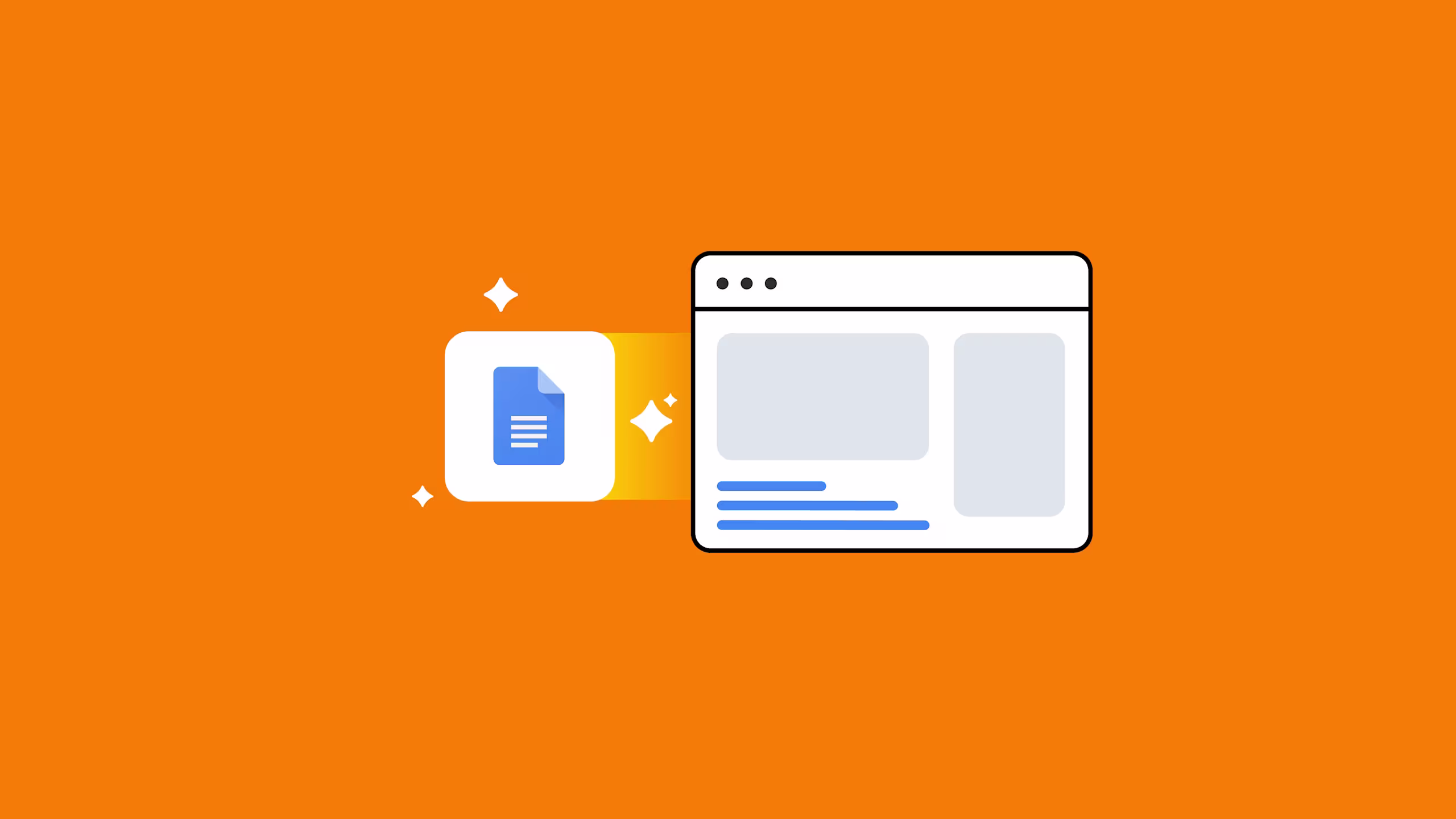 Google Docs icon with sparkles next to a browser window displaying a webpage layout, on an orange background.