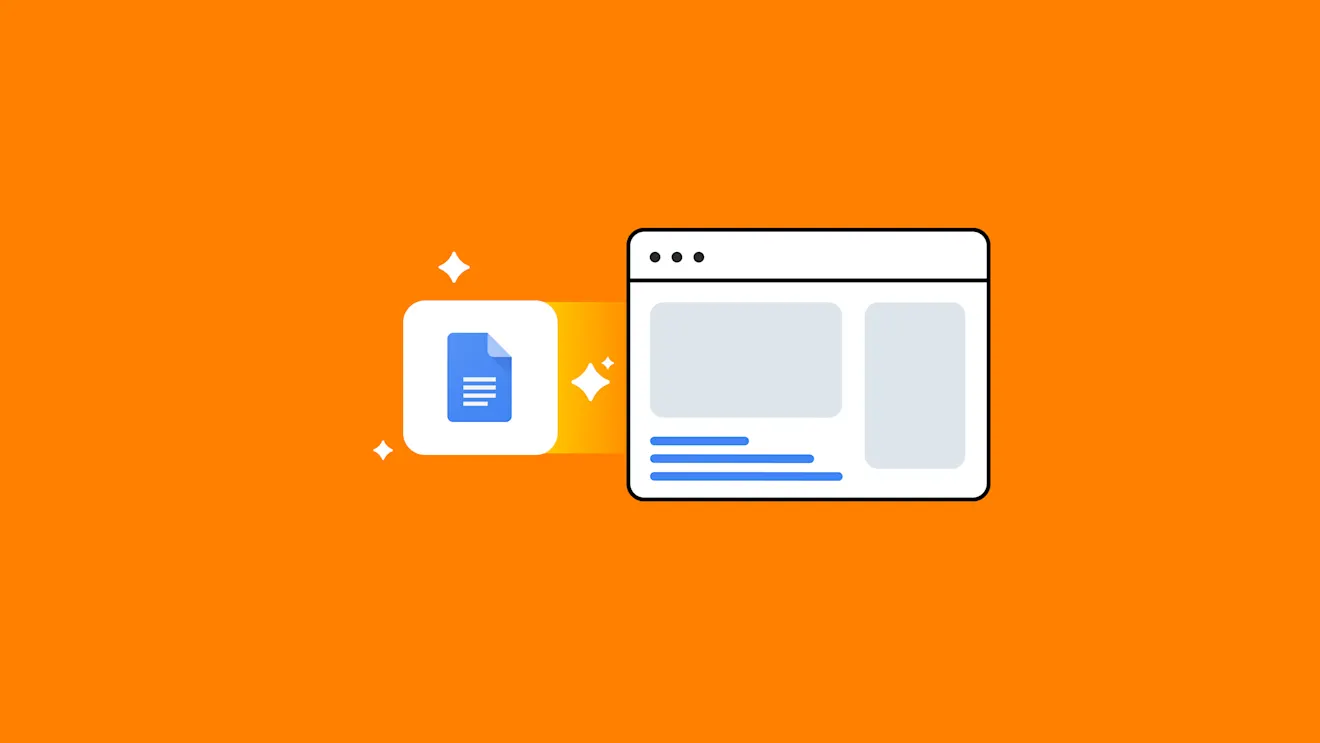 Google Docs icon with sparkles next to a browser window displaying a webpage layout, on an orange background.