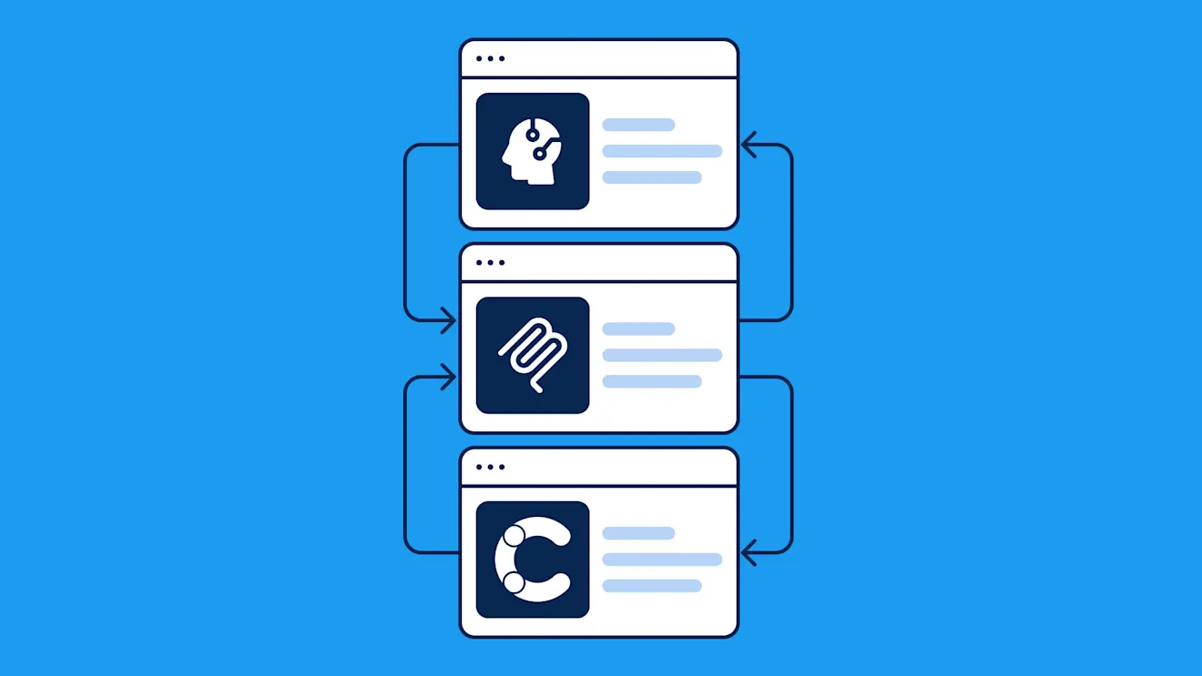 Three connected browser windows on a blue background, each showing an AI, MCP, and CMS icon, linked by arrows.