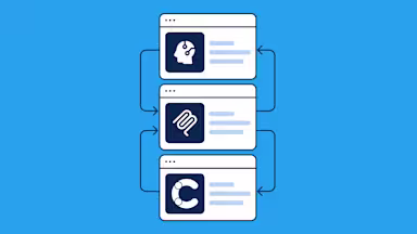 Three connected browser windows on a blue background, each showing an AI, MCP, and CMS icon, linked by arrows.