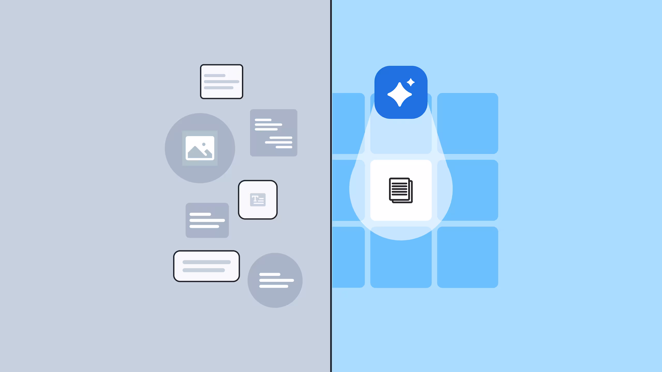 Split image showing scattered content blocks on grey left side and an AI icon hovering over content on a grid on blue right side.