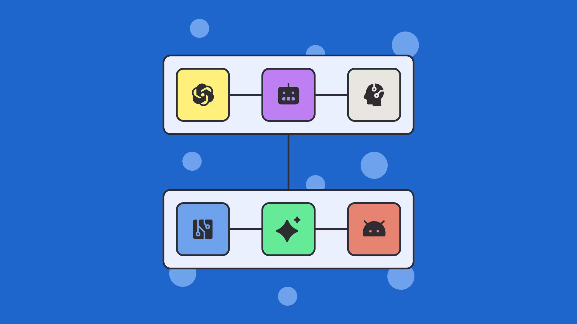 Two rows of connected AI and tech icons linked by lines on a blue background, showing an integration workflow diagram.