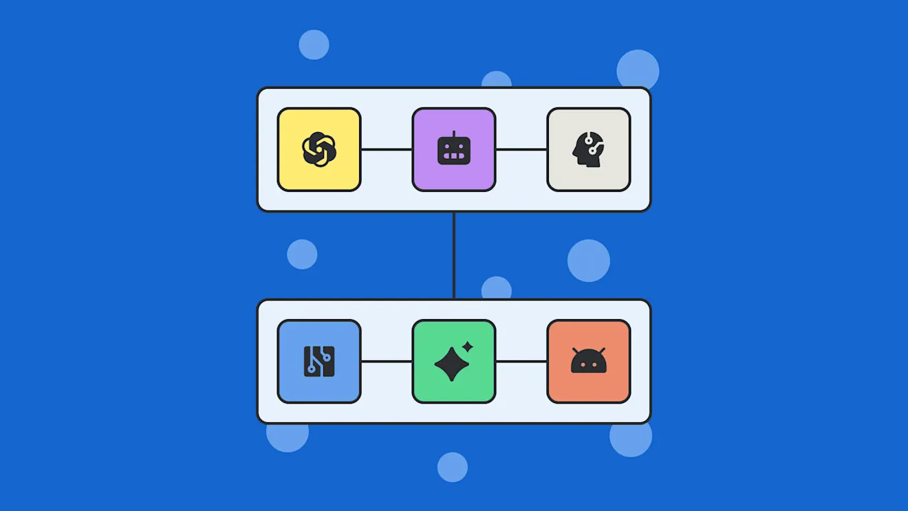 Two rows of connected AI and tech icons linked by lines on a blue background, showing an integration workflow diagram.