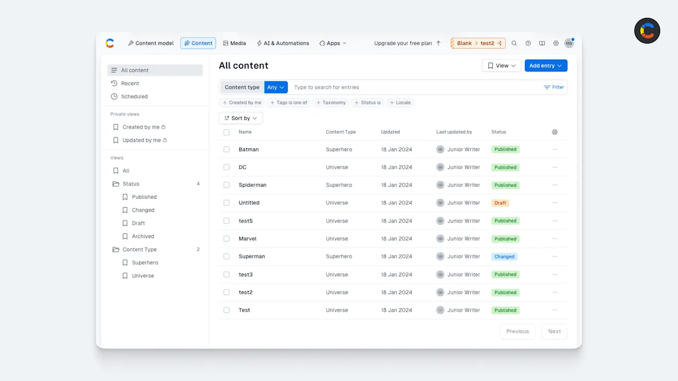 Screenshot of the Contentful digital experience platform CMS View.