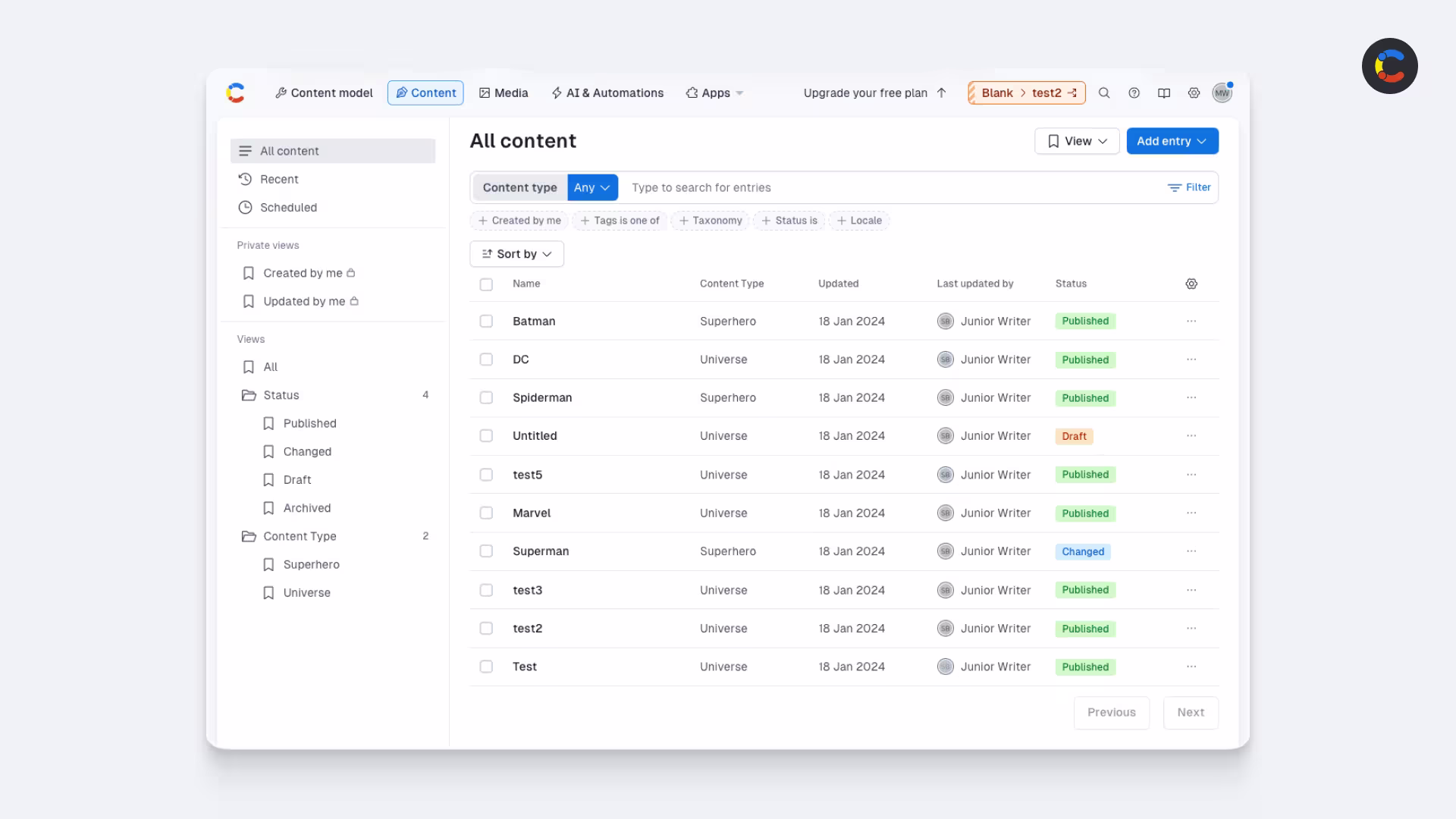 Screenshot of the Contentful digital experience platform CMS View.