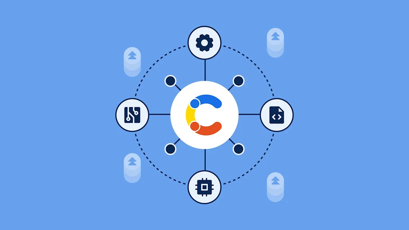 Circular diagram showing Contentful logo connected to four icons representing different system components on a blue gradient background.