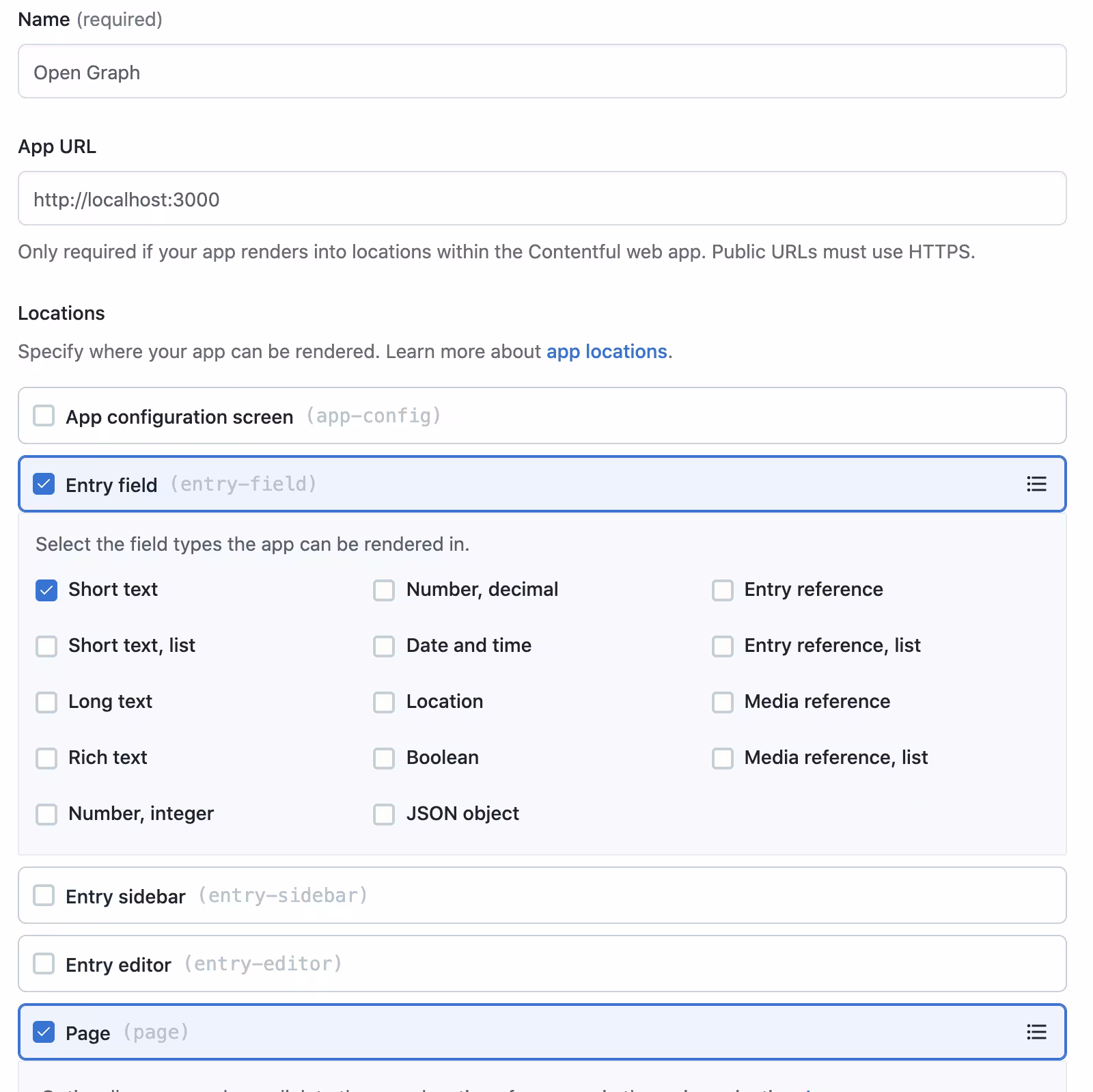 Creating a new app definition in Contentful