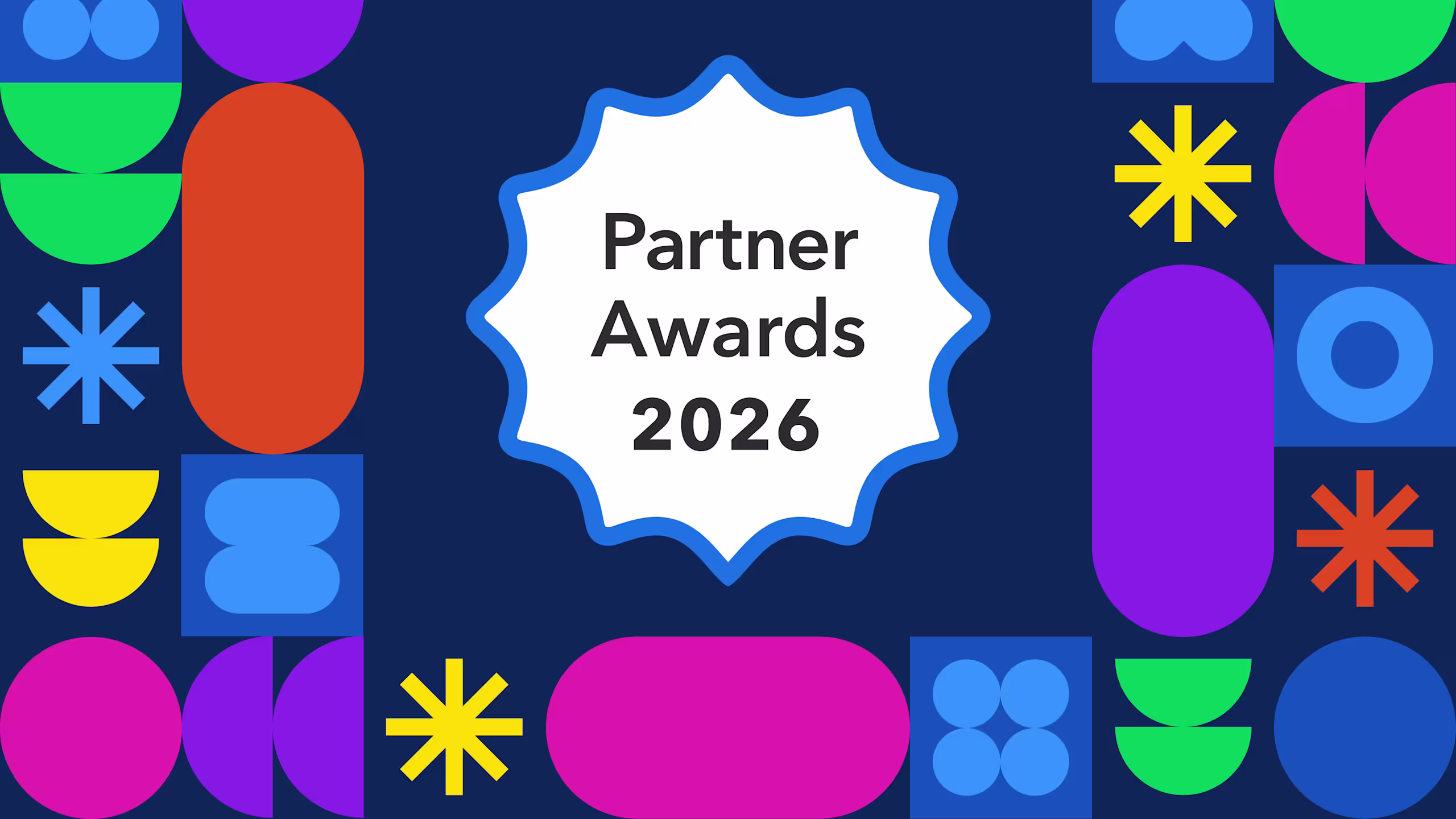 Colorful geometric shapes on a dark blue background surround a white badge reading Partner Awards 2026.
